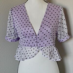 Lavender & Black Heart Polka Dot Pint Cropped V-Neck Peplum Top